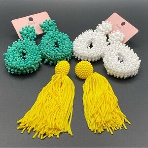 Trio of Fun Dangle Earrings Vibrant Beaded Tassels Bold Teal Yellow White
